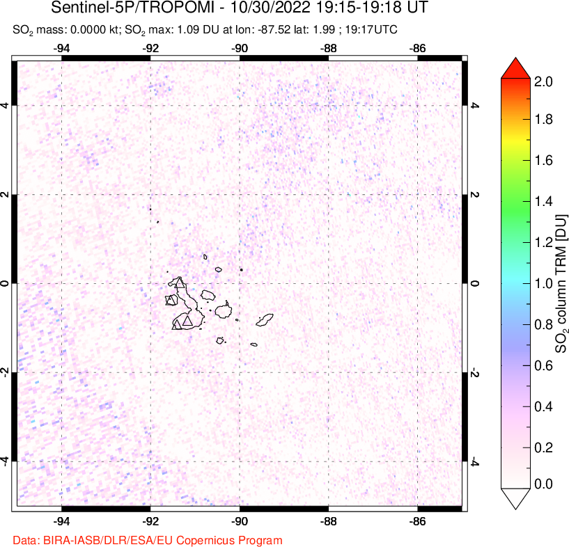 A sulfur dioxide image over Galápagos Islands on Oct 30, 2022.