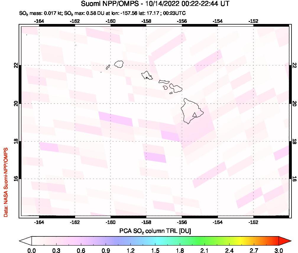 A sulfur dioxide image over Hawaii, USA on Oct 14, 2022.