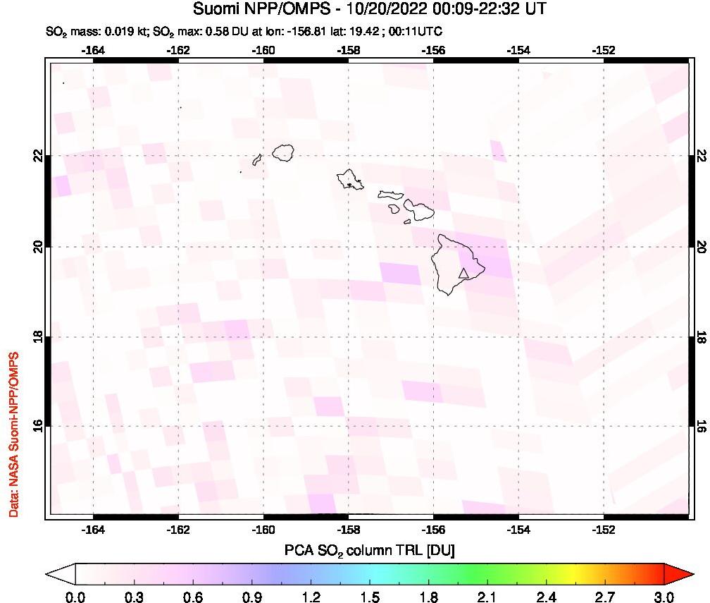 A sulfur dioxide image over Hawaii, USA on Oct 20, 2022.