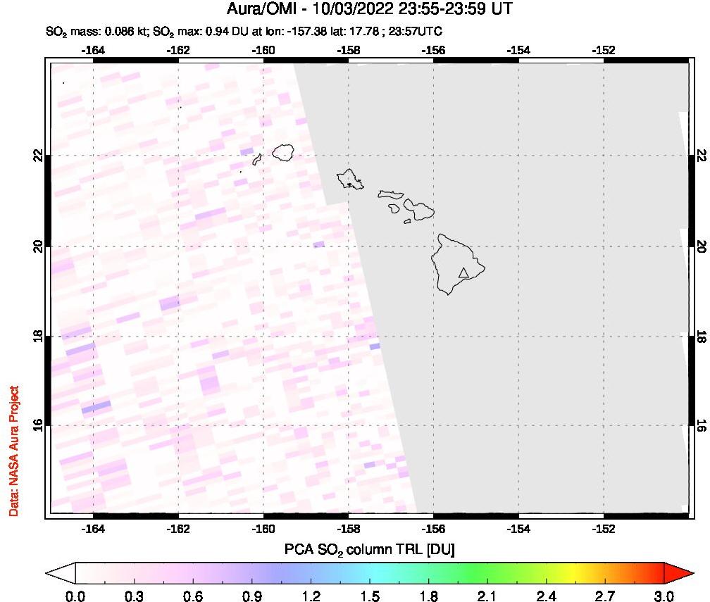 A sulfur dioxide image over Hawaii, USA on Oct 03, 2022.