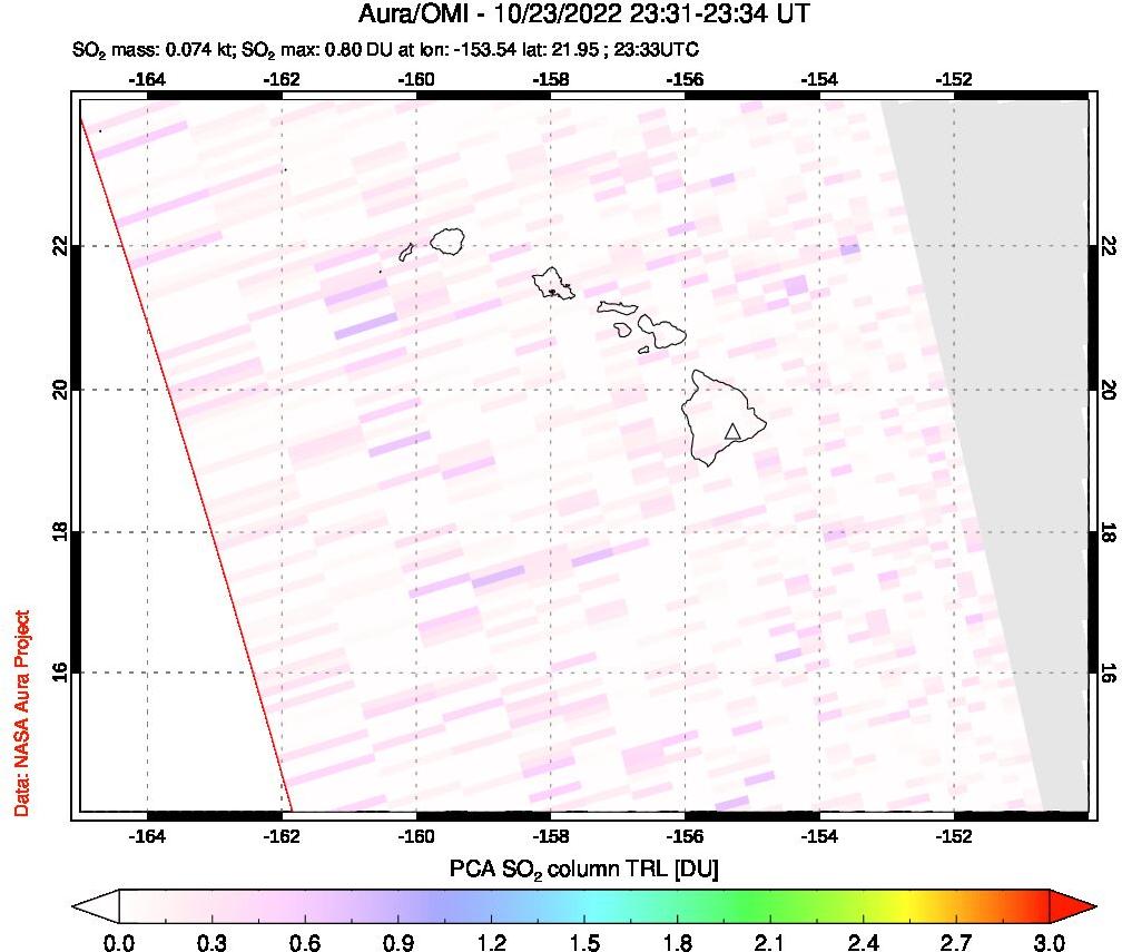 A sulfur dioxide image over Hawaii, USA on Oct 23, 2022.