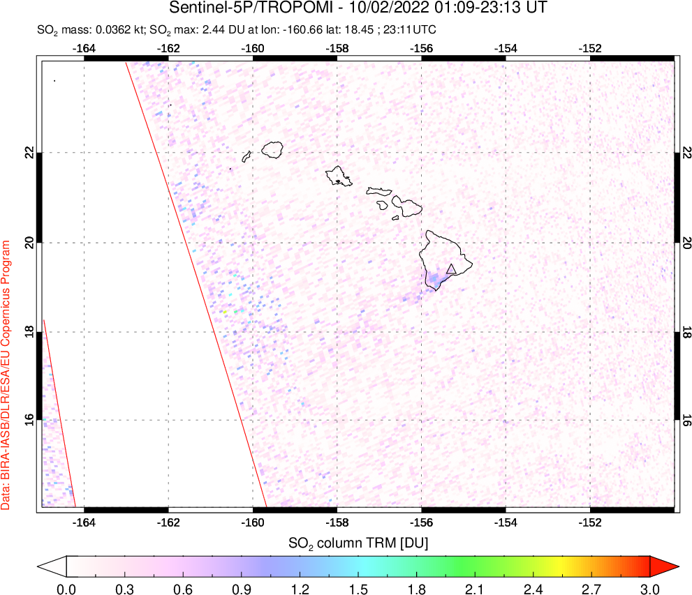 A sulfur dioxide image over Hawaii, USA on Oct 02, 2022.