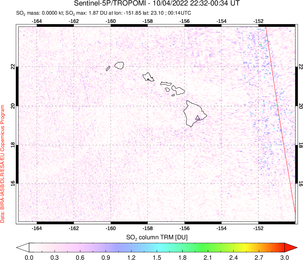 A sulfur dioxide image over Hawaii, USA on Oct 04, 2022.