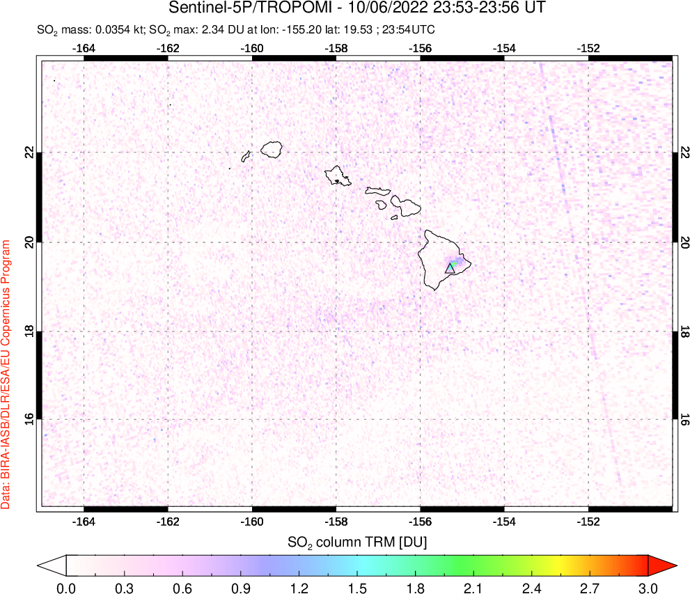 A sulfur dioxide image over Hawaii, USA on Oct 06, 2022.