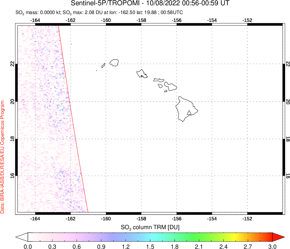 A sulfur dioxide image over Hawaii, USA on Oct 08, 2022.