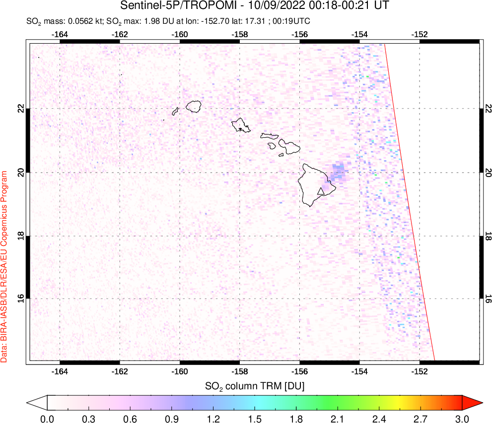 A sulfur dioxide image over Hawaii, USA on Oct 09, 2022.