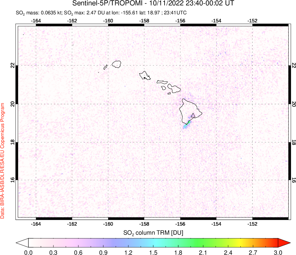 A sulfur dioxide image over Hawaii, USA on Oct 11, 2022.