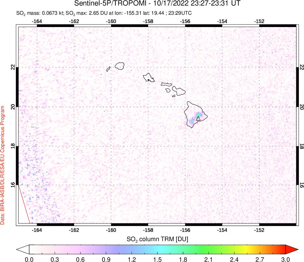 A sulfur dioxide image over Hawaii, USA on Oct 17, 2022.