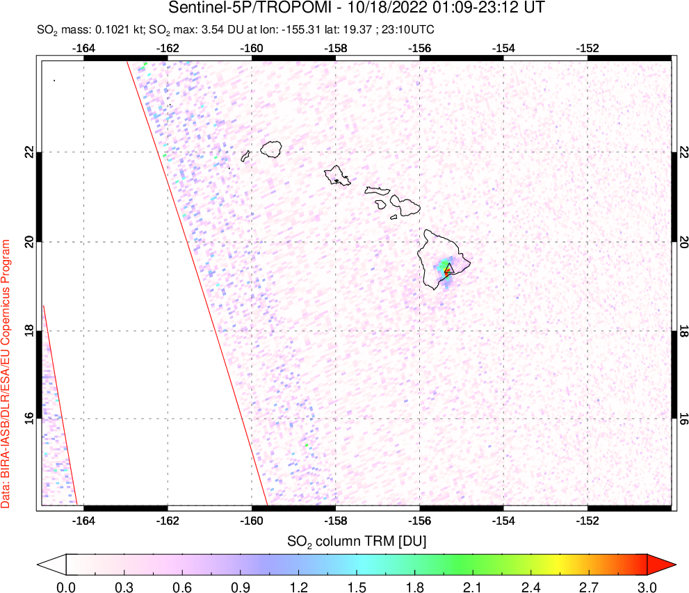 A sulfur dioxide image over Hawaii, USA on Oct 18, 2022.