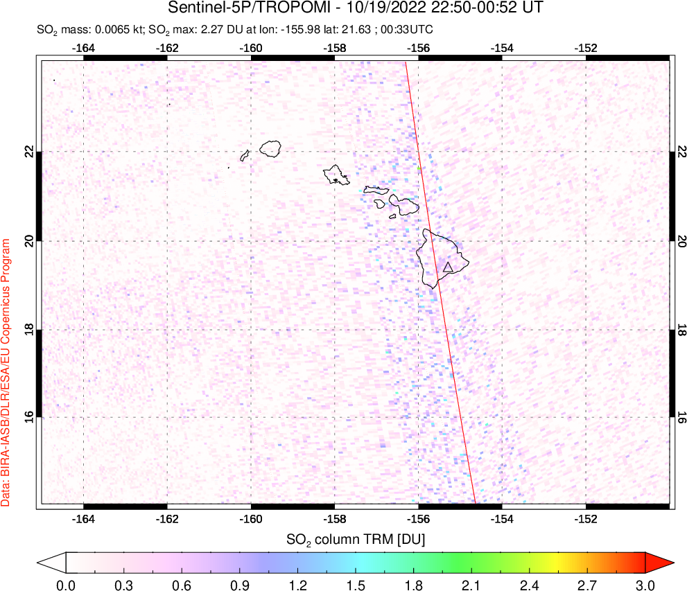 A sulfur dioxide image over Hawaii, USA on Oct 19, 2022.
