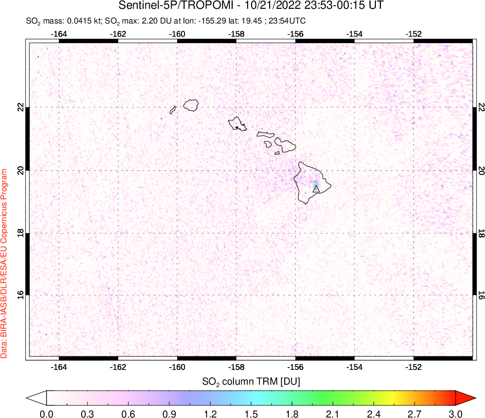 A sulfur dioxide image over Hawaii, USA on Oct 21, 2022.
