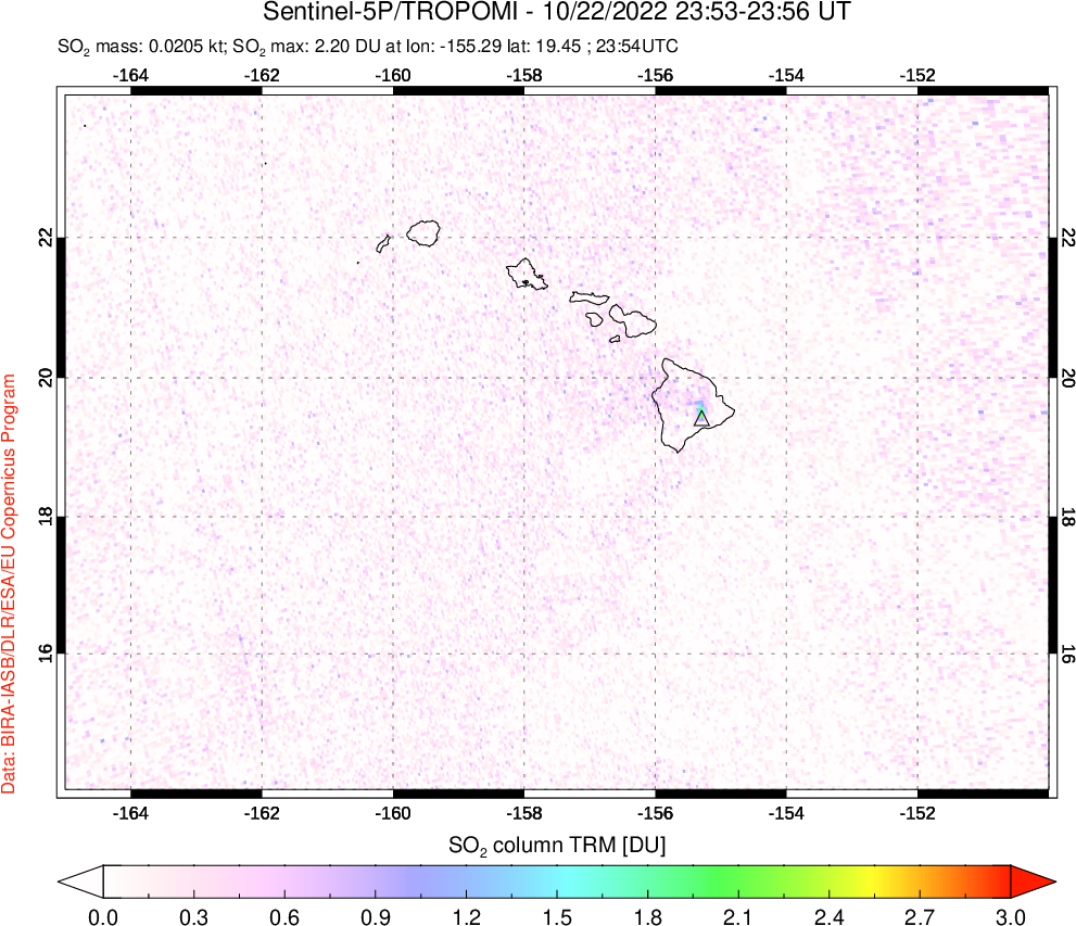 A sulfur dioxide image over Hawaii, USA on Oct 22, 2022.