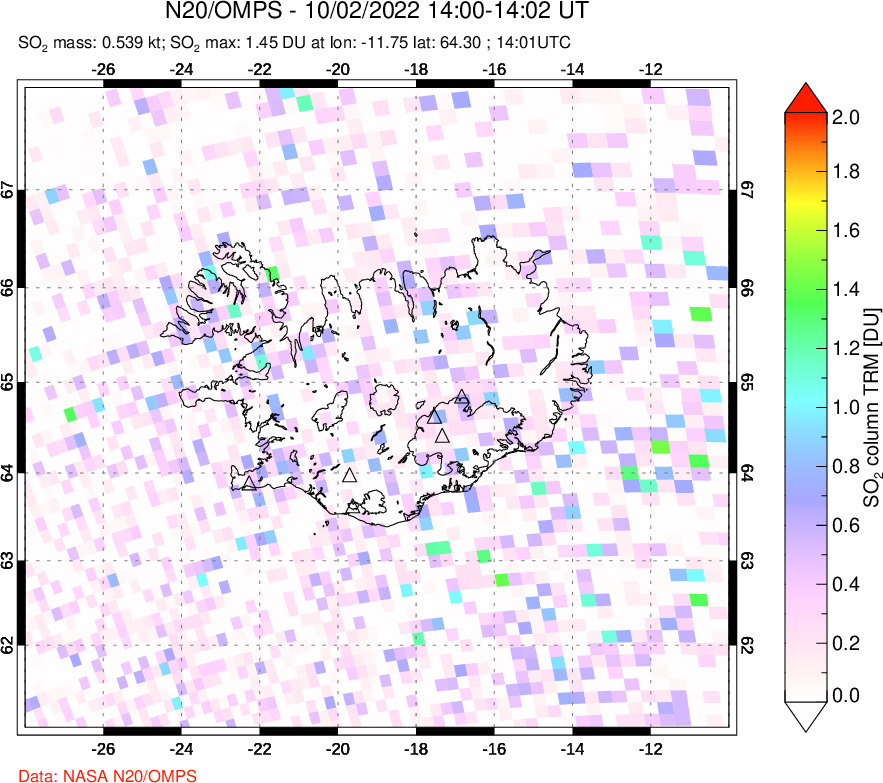 A sulfur dioxide image over Iceland on Oct 02, 2022.