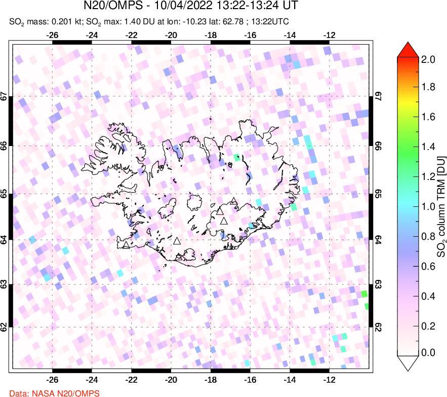 A sulfur dioxide image over Iceland on Oct 04, 2022.