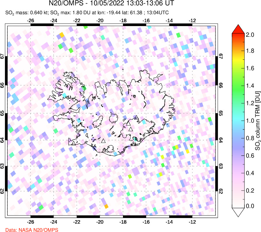 A sulfur dioxide image over Iceland on Oct 05, 2022.