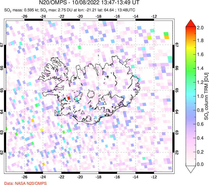 A sulfur dioxide image over Iceland on Oct 08, 2022.