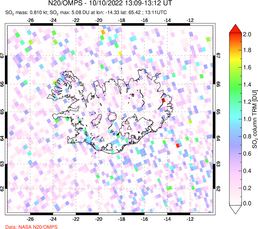 A sulfur dioxide image over Iceland on Oct 10, 2022.