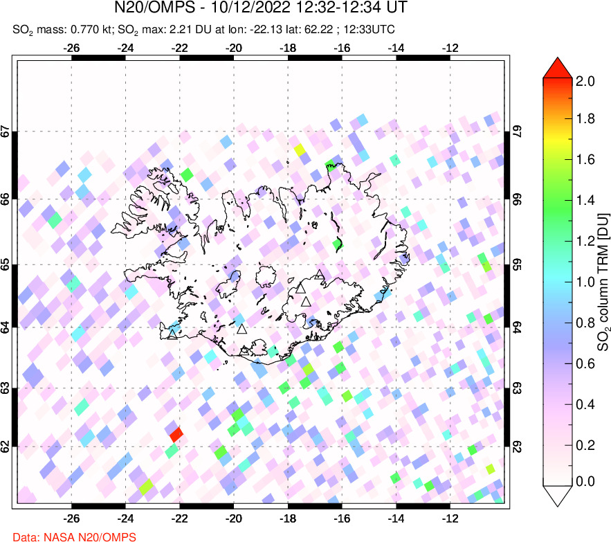 A sulfur dioxide image over Iceland on Oct 12, 2022.