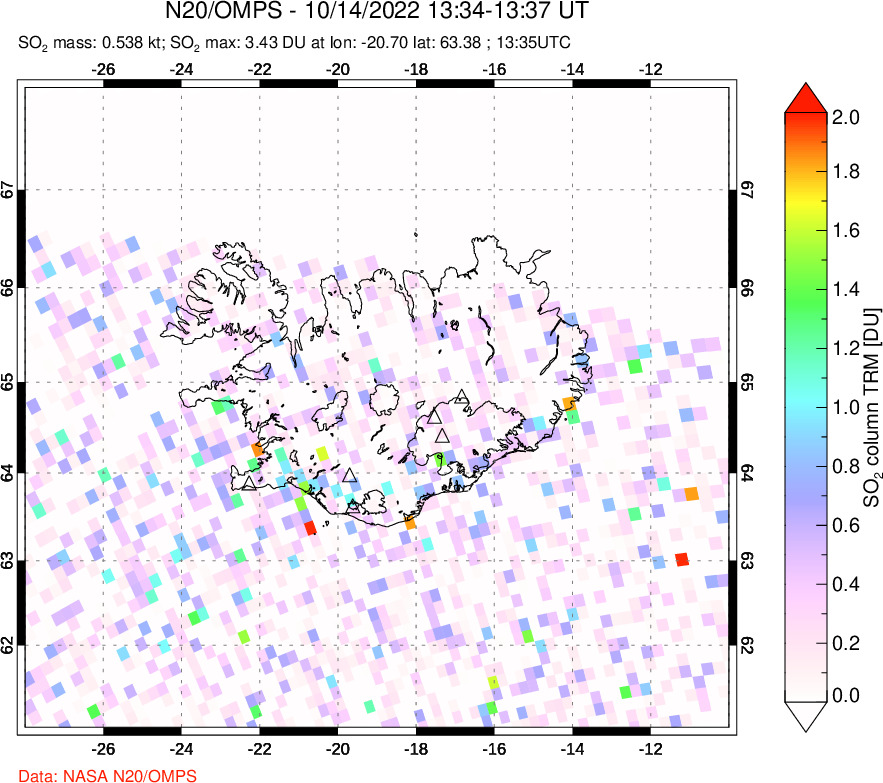 A sulfur dioxide image over Iceland on Oct 14, 2022.