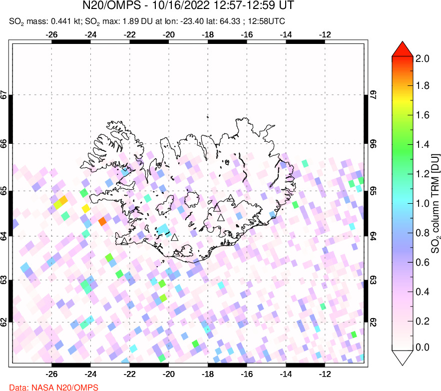 A sulfur dioxide image over Iceland on Oct 16, 2022.