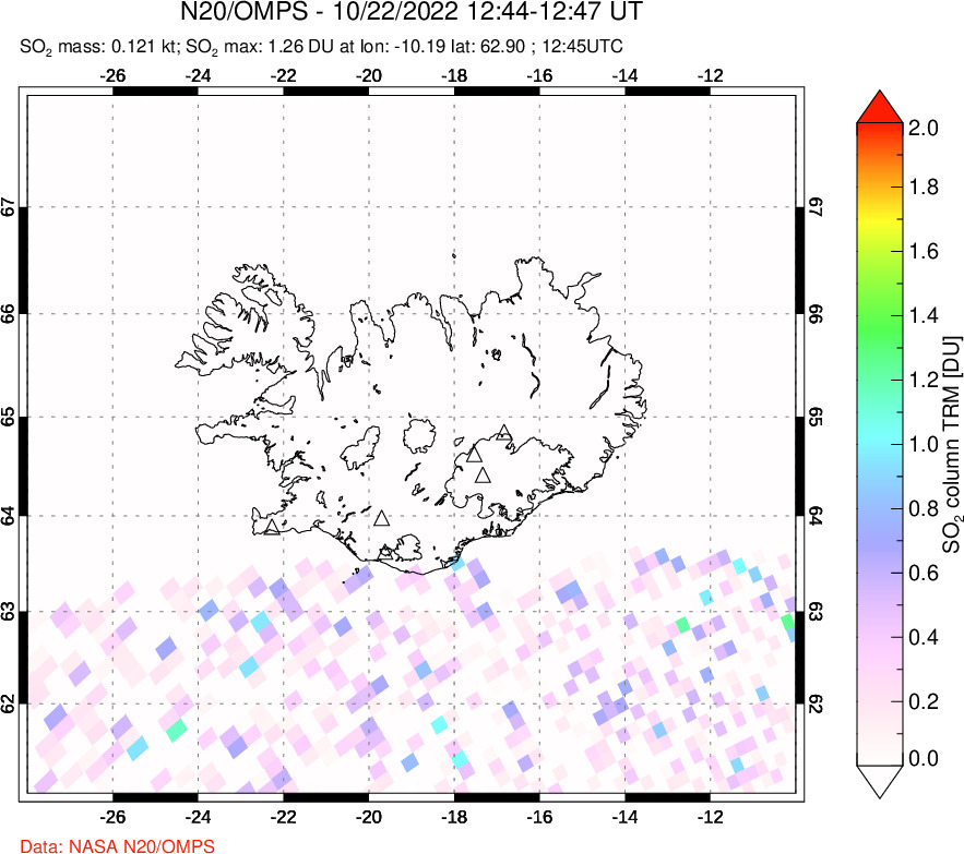 A sulfur dioxide image over Iceland on Oct 22, 2022.