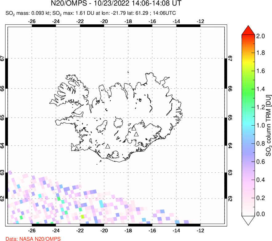 A sulfur dioxide image over Iceland on Oct 23, 2022.