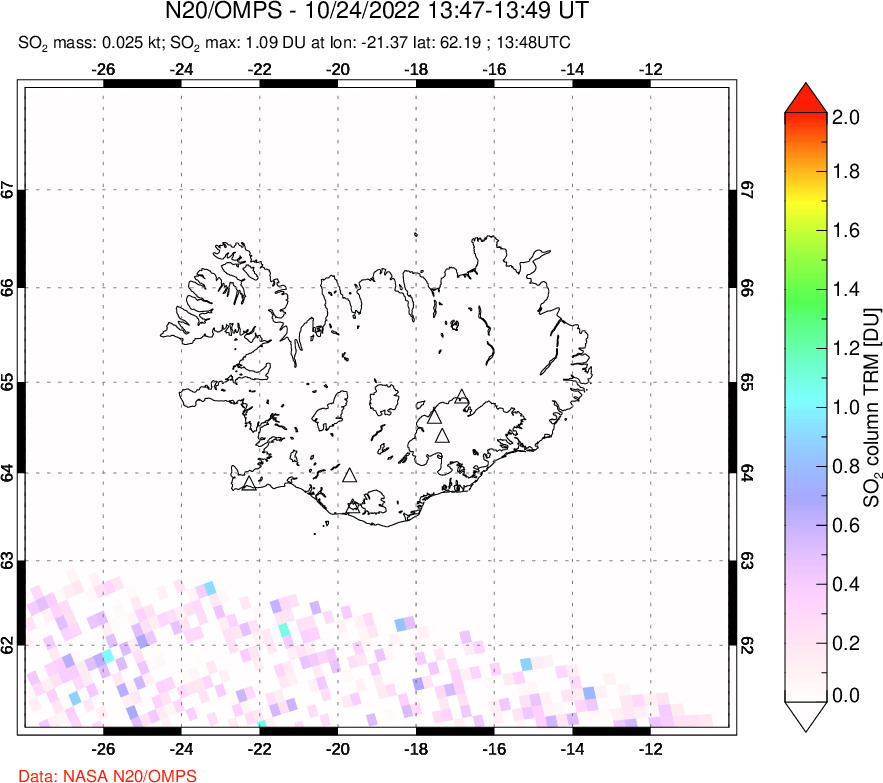 A sulfur dioxide image over Iceland on Oct 24, 2022.