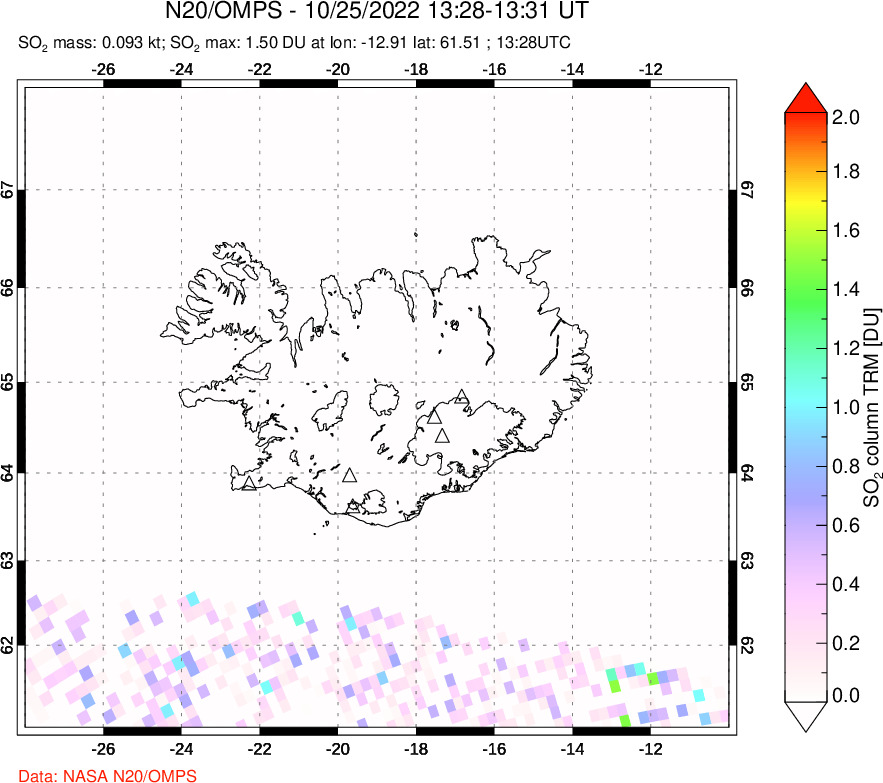 A sulfur dioxide image over Iceland on Oct 25, 2022.