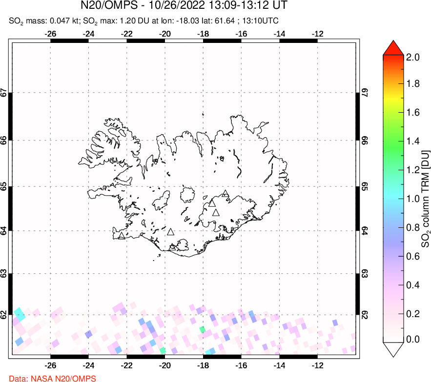 A sulfur dioxide image over Iceland on Oct 26, 2022.