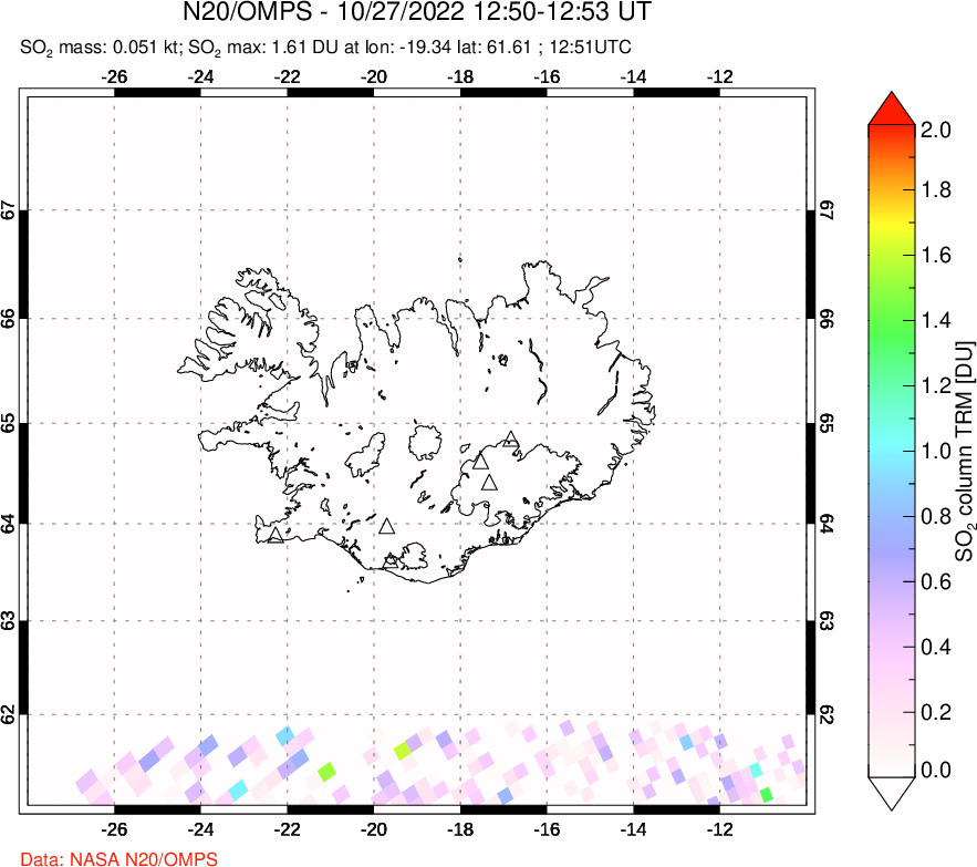 A sulfur dioxide image over Iceland on Oct 27, 2022.