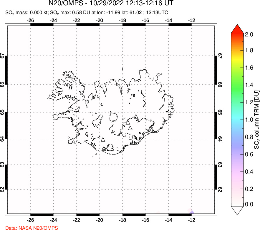 A sulfur dioxide image over Iceland on Oct 29, 2022.