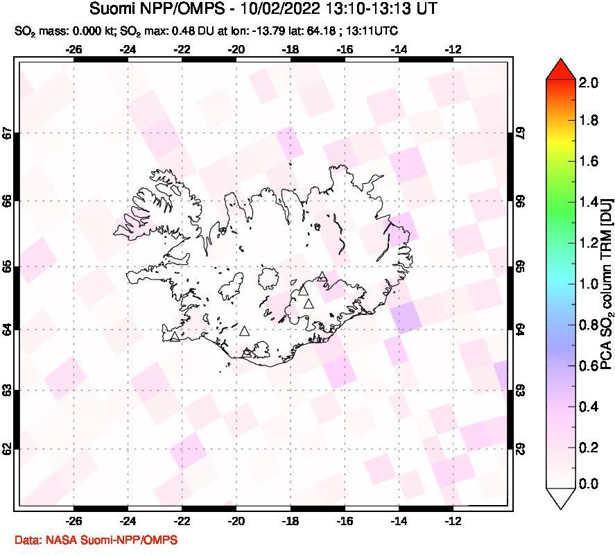 A sulfur dioxide image over Iceland on Oct 02, 2022.