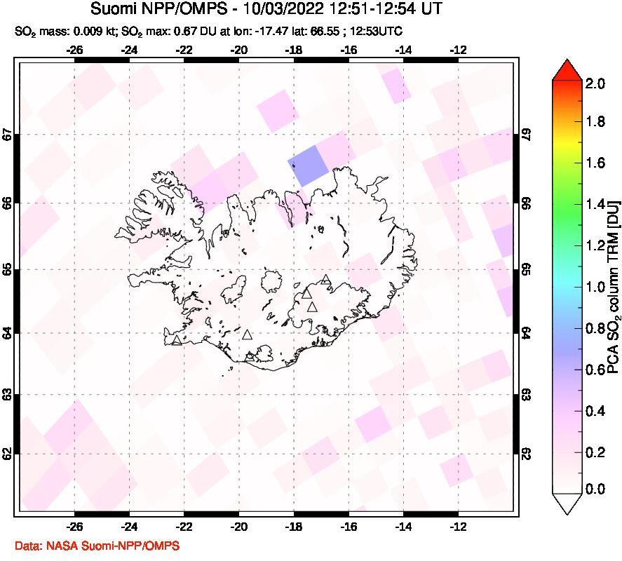A sulfur dioxide image over Iceland on Oct 03, 2022.