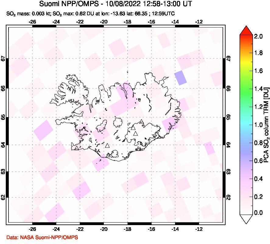 A sulfur dioxide image over Iceland on Oct 08, 2022.
