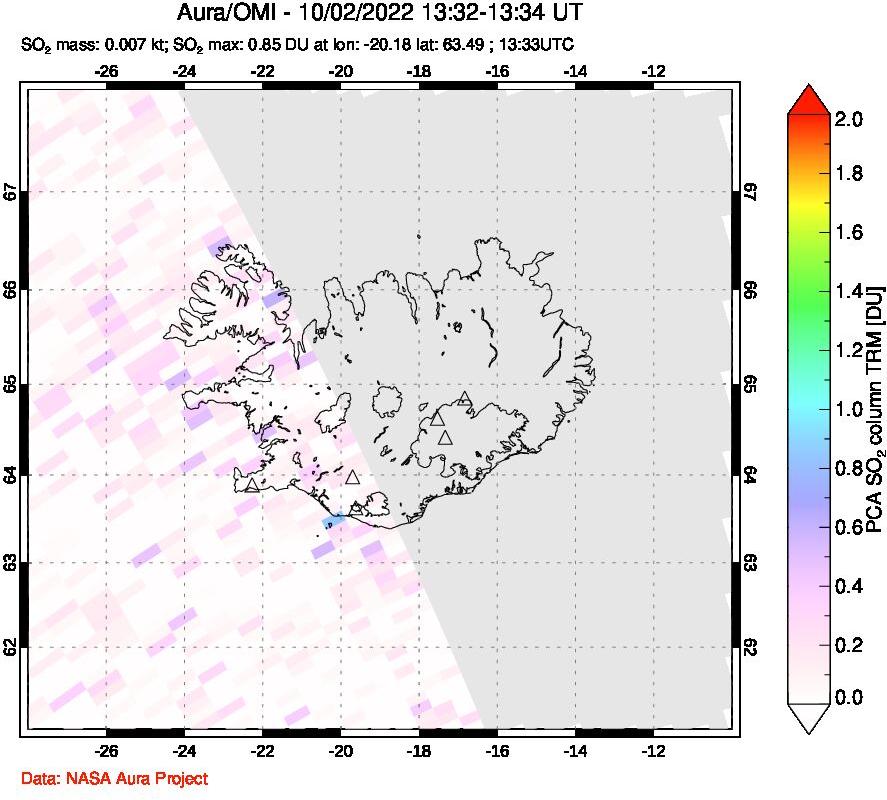 A sulfur dioxide image over Iceland on Oct 02, 2022.