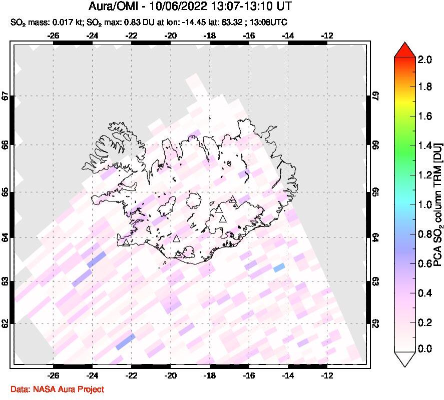 A sulfur dioxide image over Iceland on Oct 06, 2022.