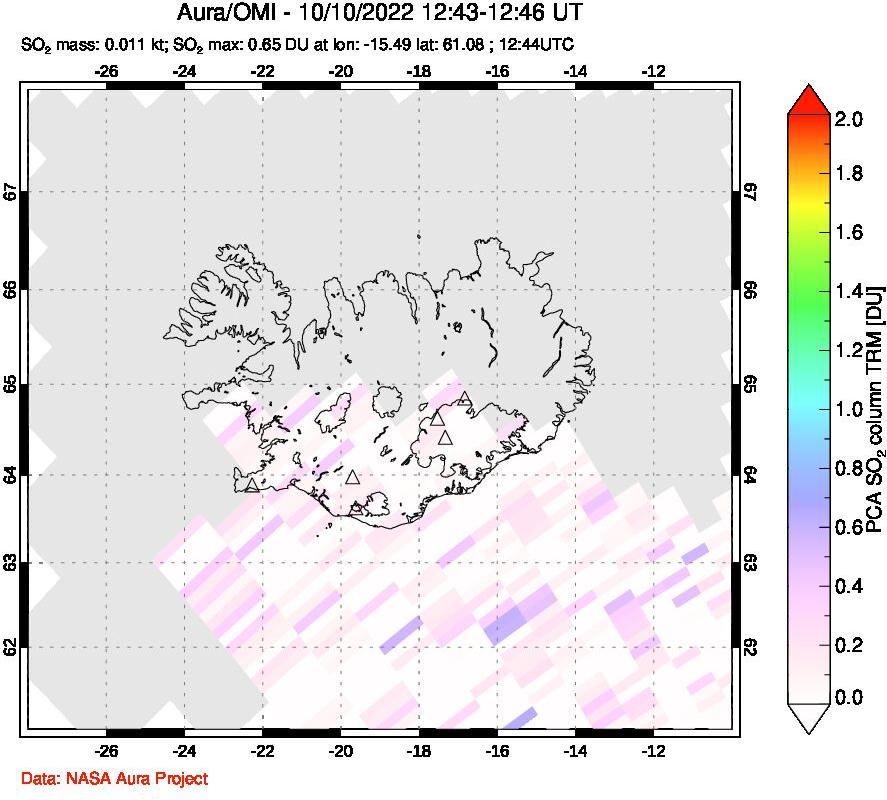 A sulfur dioxide image over Iceland on Oct 10, 2022.