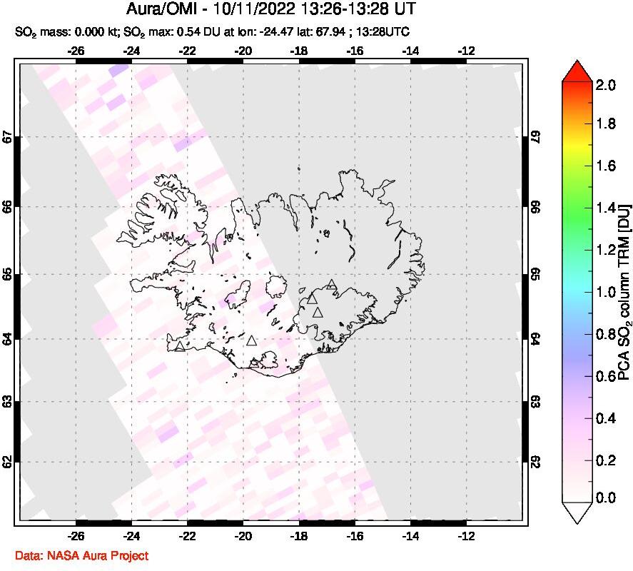 A sulfur dioxide image over Iceland on Oct 11, 2022.