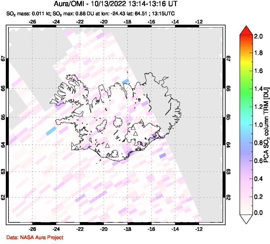 A sulfur dioxide image over Iceland on Oct 13, 2022.
