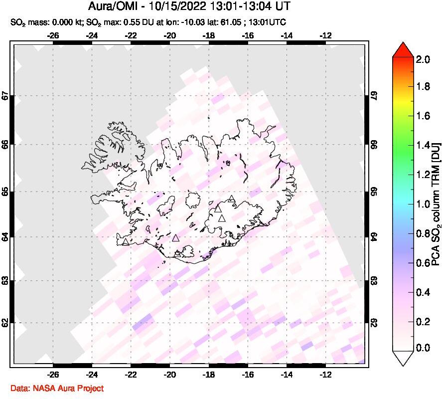 A sulfur dioxide image over Iceland on Oct 15, 2022.