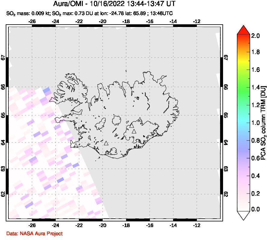 A sulfur dioxide image over Iceland on Oct 16, 2022.