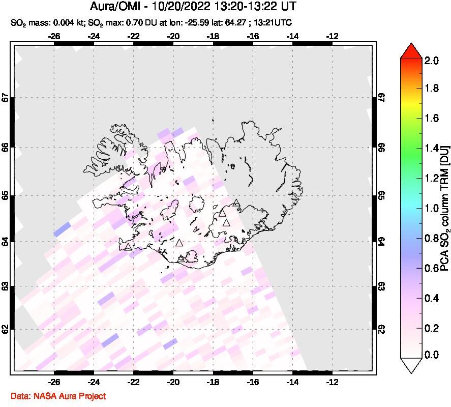 A sulfur dioxide image over Iceland on Oct 20, 2022.