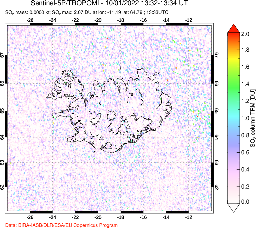 A sulfur dioxide image over Iceland on Oct 01, 2022.