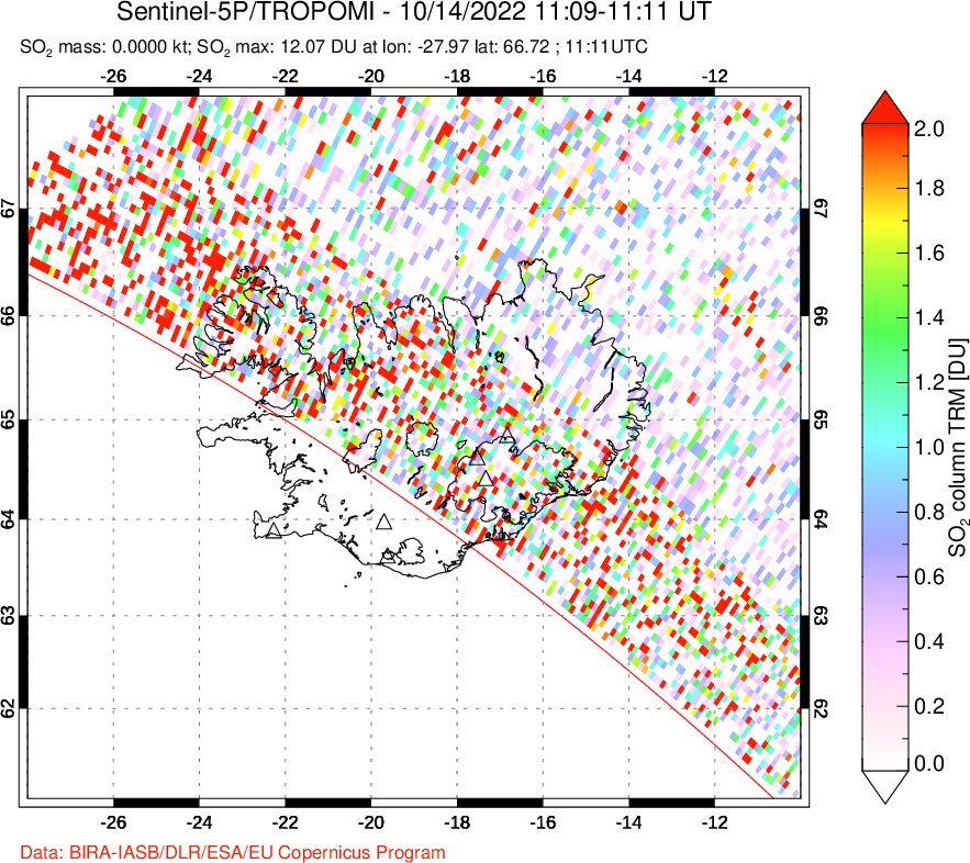 A sulfur dioxide image over Iceland on Oct 14, 2022.