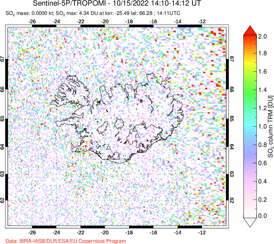 A sulfur dioxide image over Iceland on Oct 15, 2022.