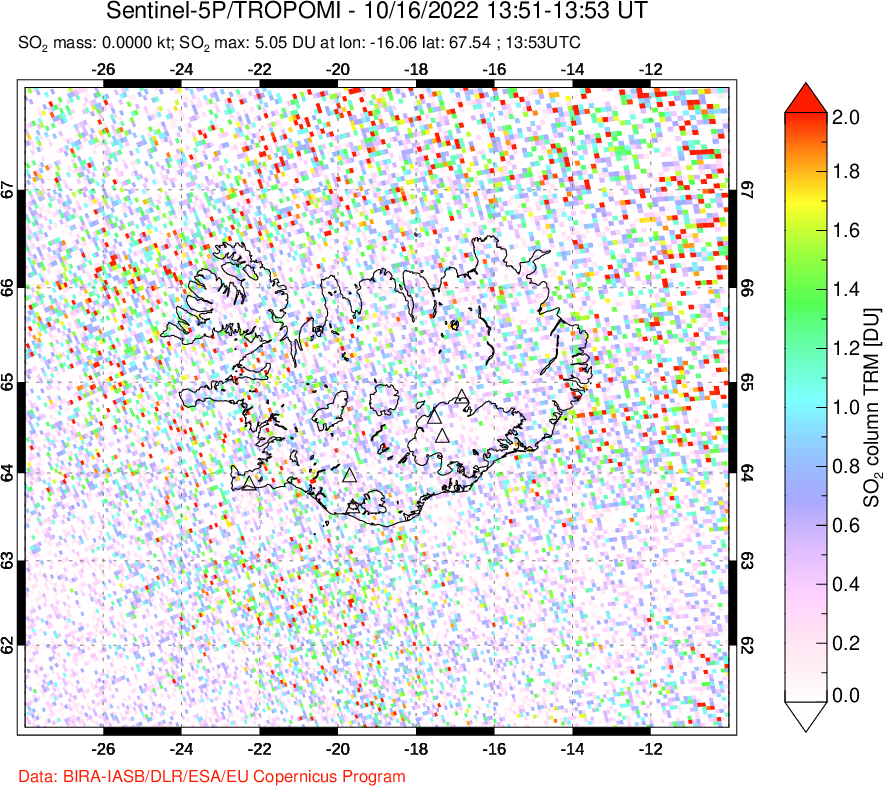 A sulfur dioxide image over Iceland on Oct 16, 2022.