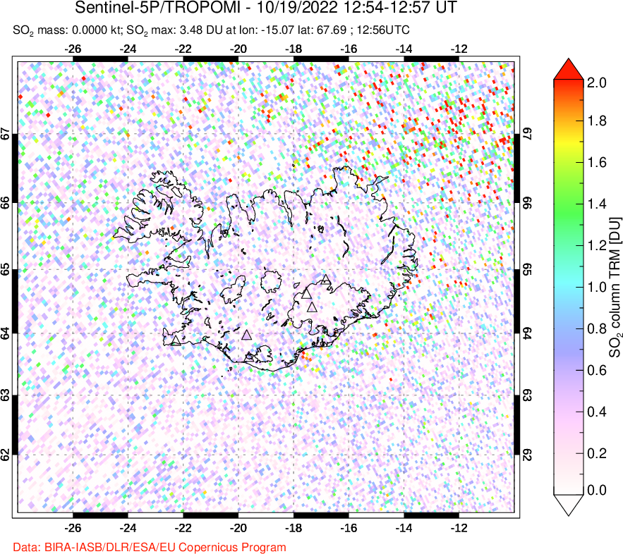A sulfur dioxide image over Iceland on Oct 19, 2022.