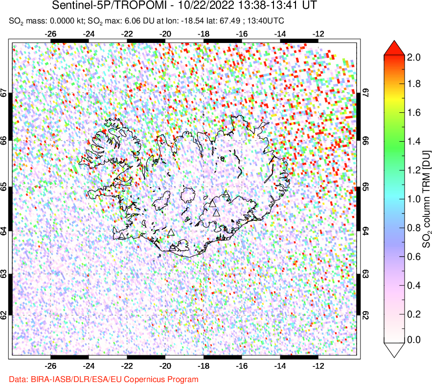 A sulfur dioxide image over Iceland on Oct 22, 2022.