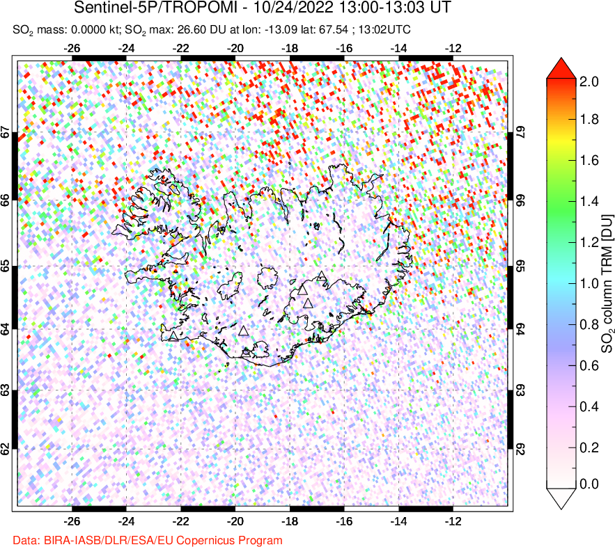 A sulfur dioxide image over Iceland on Oct 24, 2022.