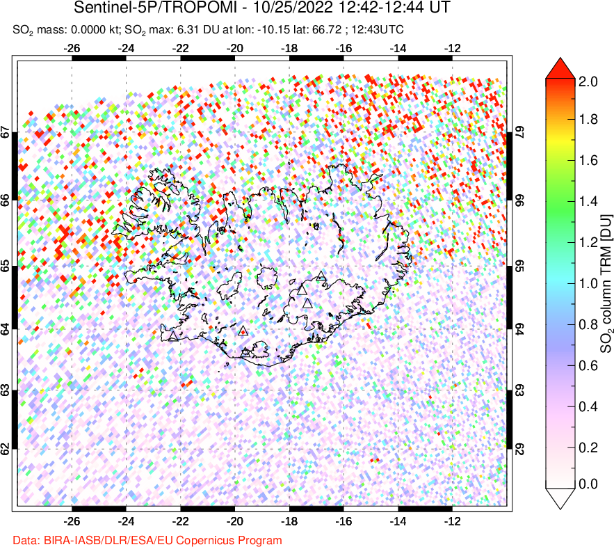 A sulfur dioxide image over Iceland on Oct 25, 2022.